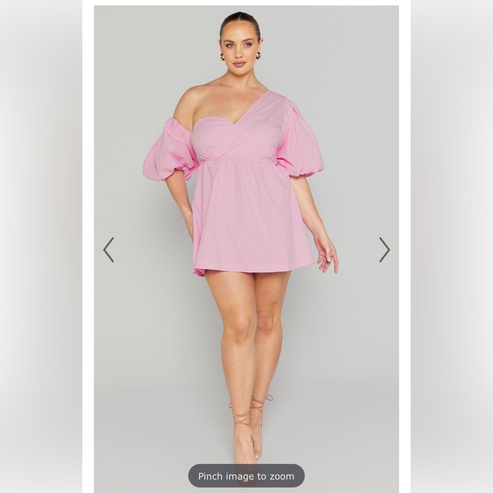 SHOWPO. SULA MINI DRESS - ASYMMETRIC OFF ONE SHOULDER PUFF SLEEVE DRESS IN PINK